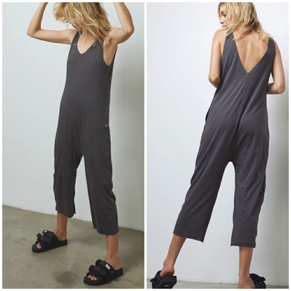 Lunya Grey Supima Cotton Blend V Neck Loungewear Cropped Jumpsuit Size XS